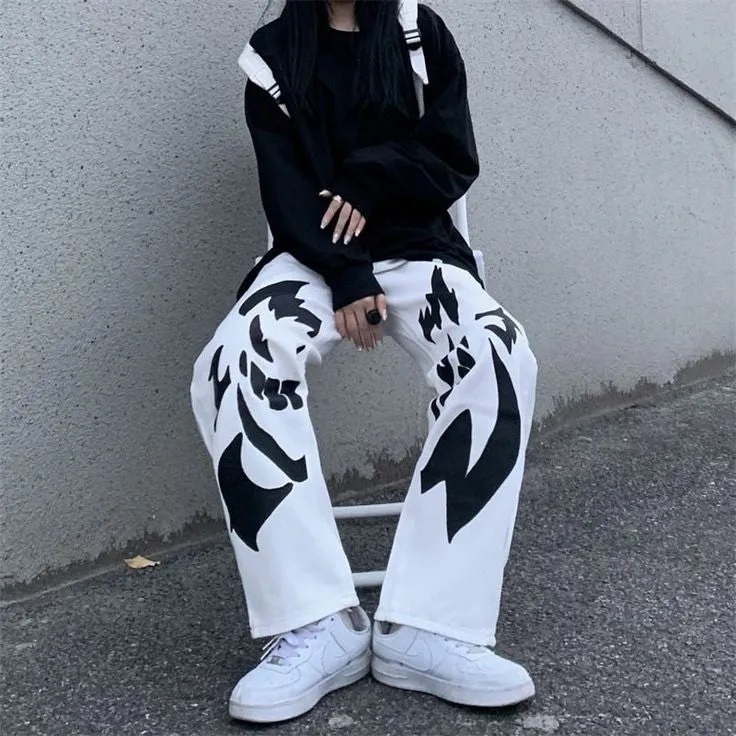Vintage Y2K Ghost Ganger Printed Baggy Loose Straight Fit Wide Leg Streetwear Style White Denim Jeans For Men's