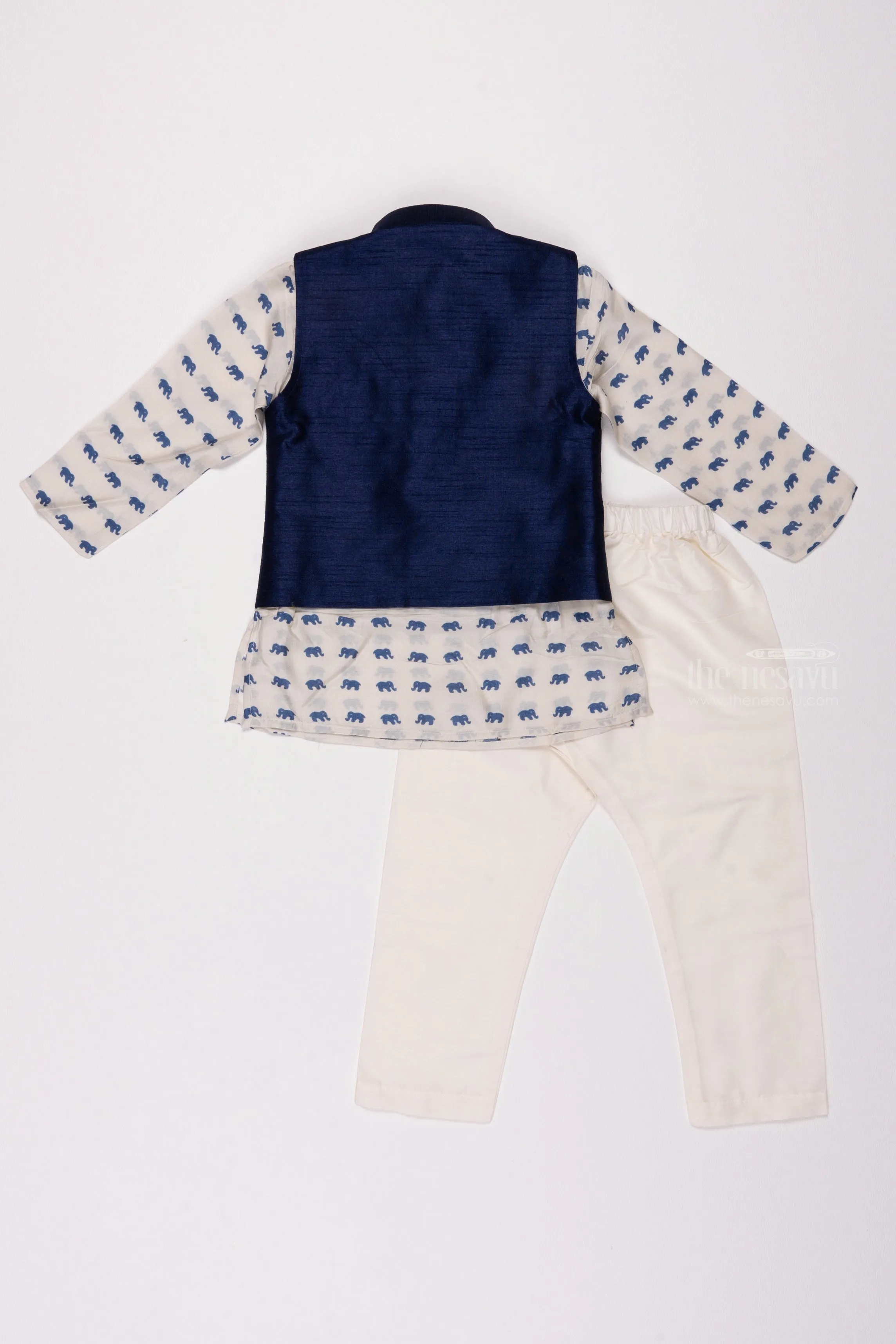 Wildlife Whisper: Animal-Print Kurta & Blue Overcoat Combo with Sleek Pant for Boys
