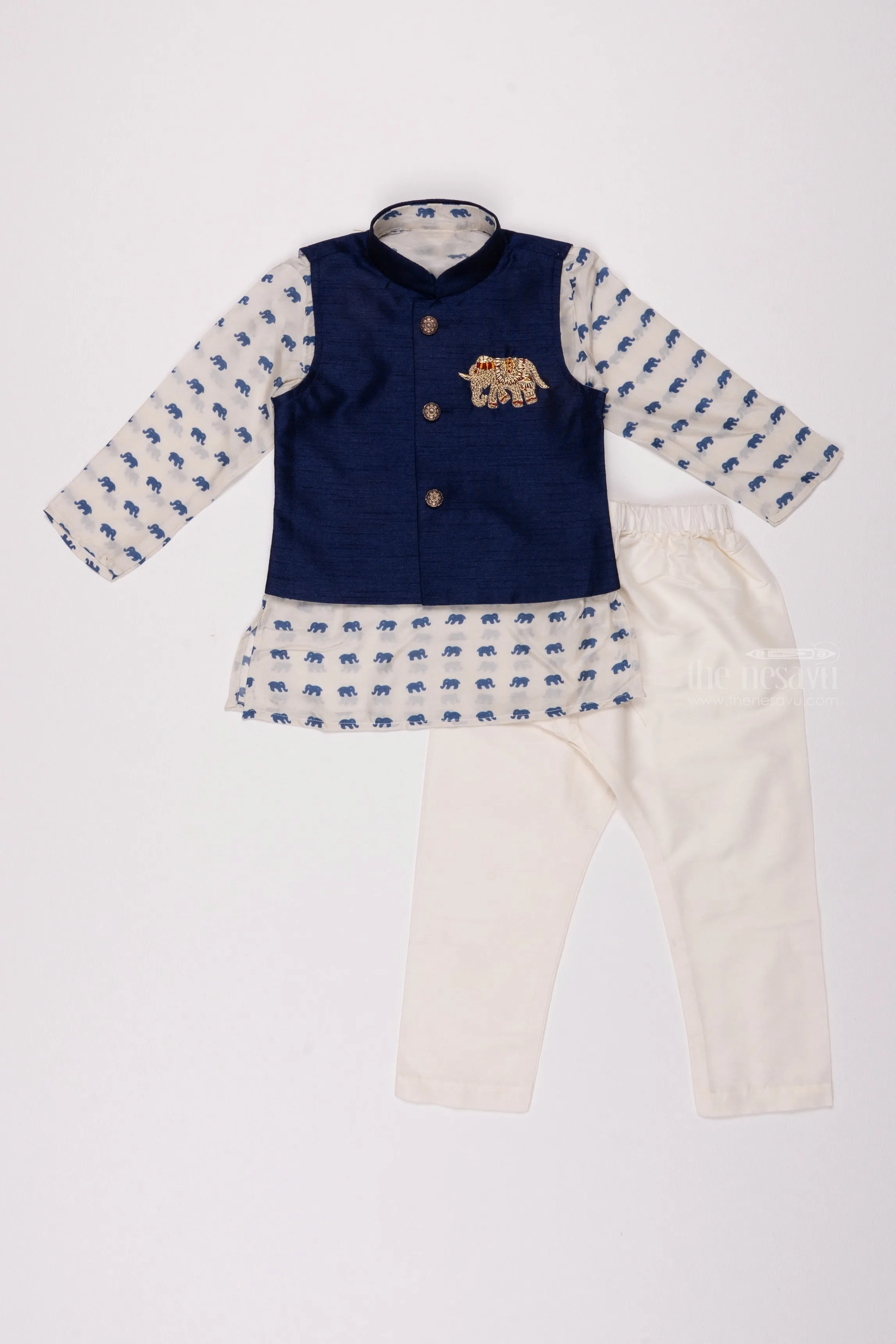 Wildlife Whisper: Animal-Print Kurta & Blue Overcoat Combo with Sleek Pant for Boys