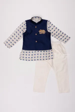 Wildlife Whisper: Animal-Print Kurta & Blue Overcoat Combo with Sleek Pant for Boys