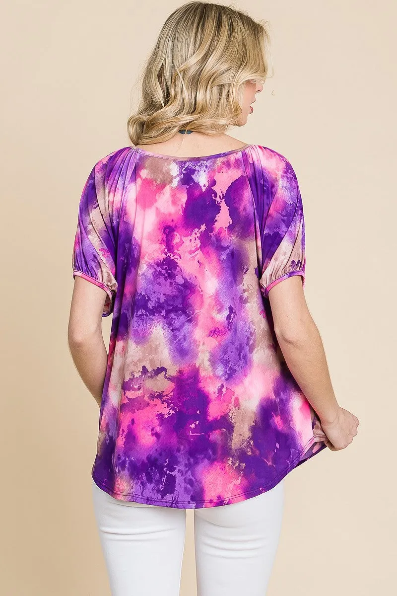 Women's Venechia Tie Dye Bubble Sleeves Tunic Top